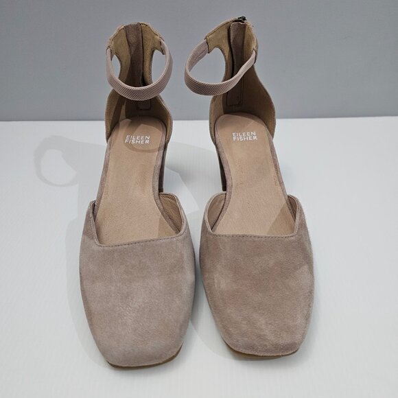 Eileen Fisher Veery Heel Pump Ankle Strap Zip Earth Tan Suede Size 8 NEW - Picture 4 of 16